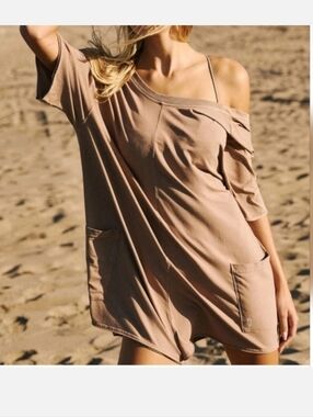 Free People FP Movement Women's Hot Shot Tee Romper Tan Jumpsuit Mocha Latte